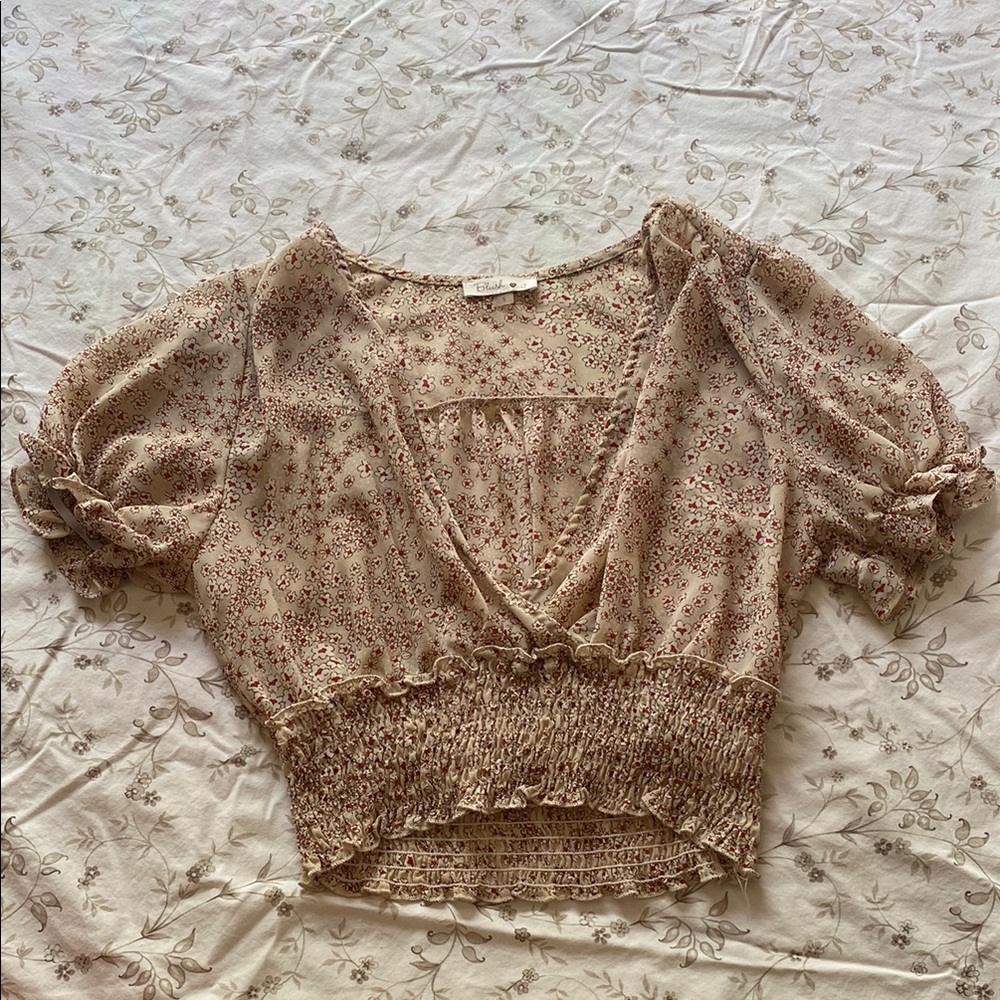 Sheer Floral Beige Puff Sleeve Top